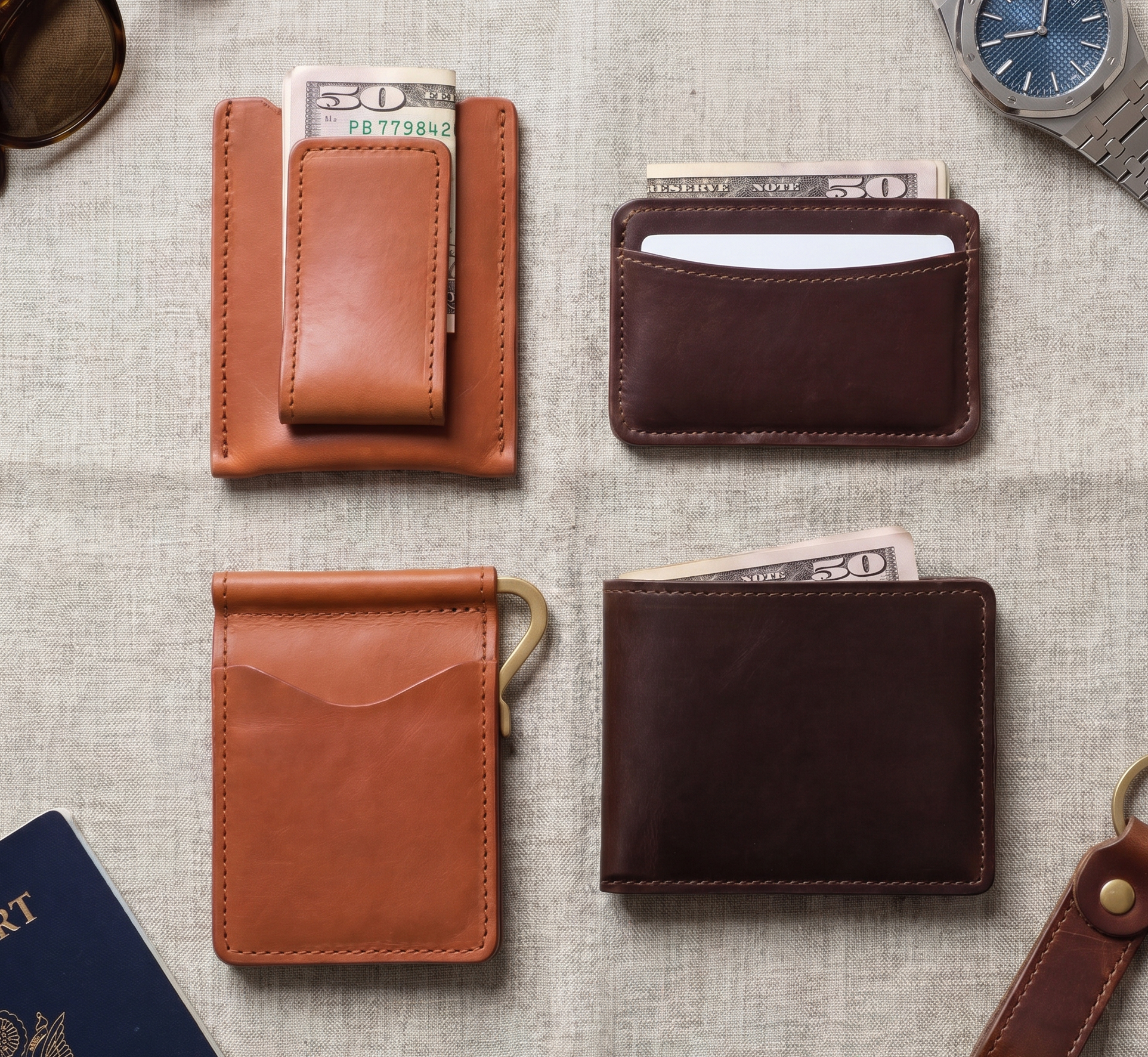 Bandera leather wallets — overhead linen flat-lay