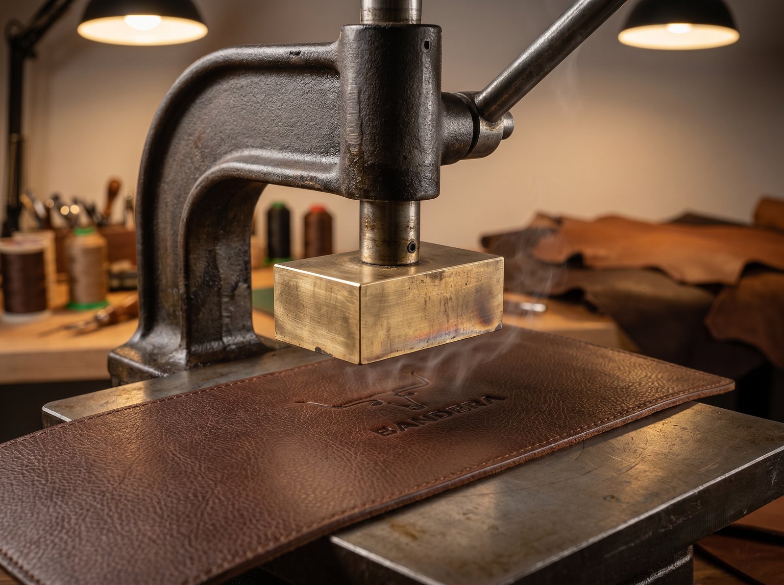 Heated brass die pressing a blind deboss into Bandera leather