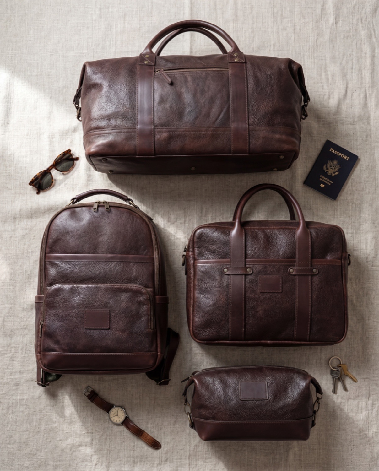 Bandera bag collection — overhead linen flat-lay