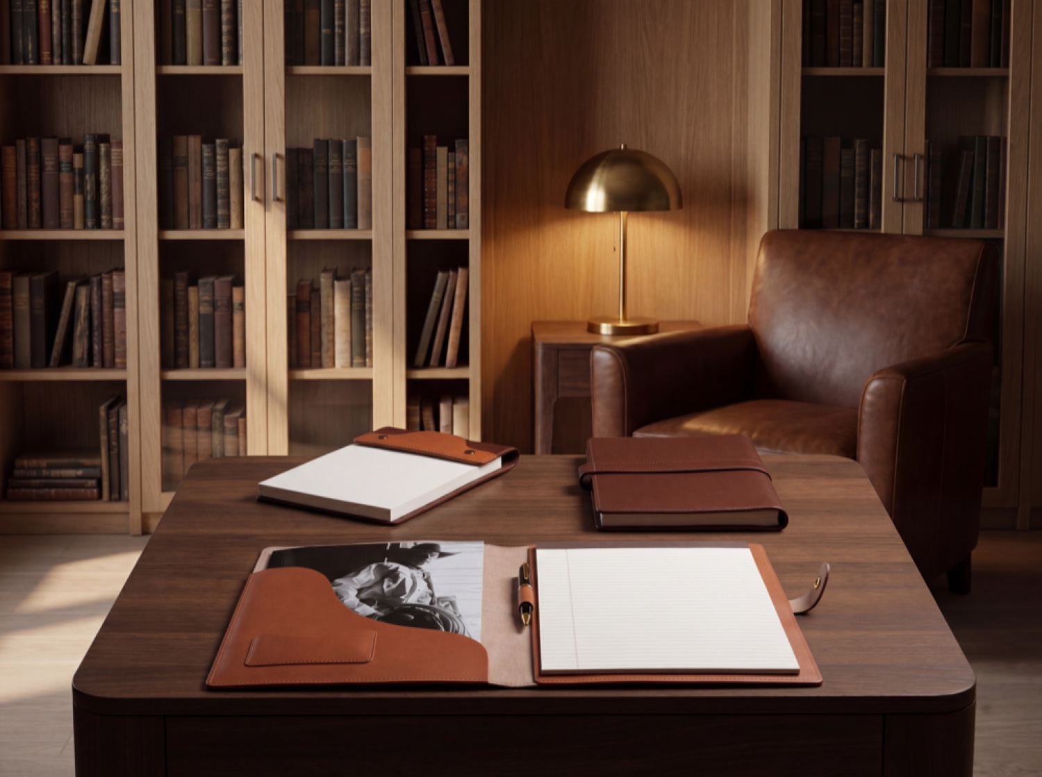 Bandera leather notepad in a library study